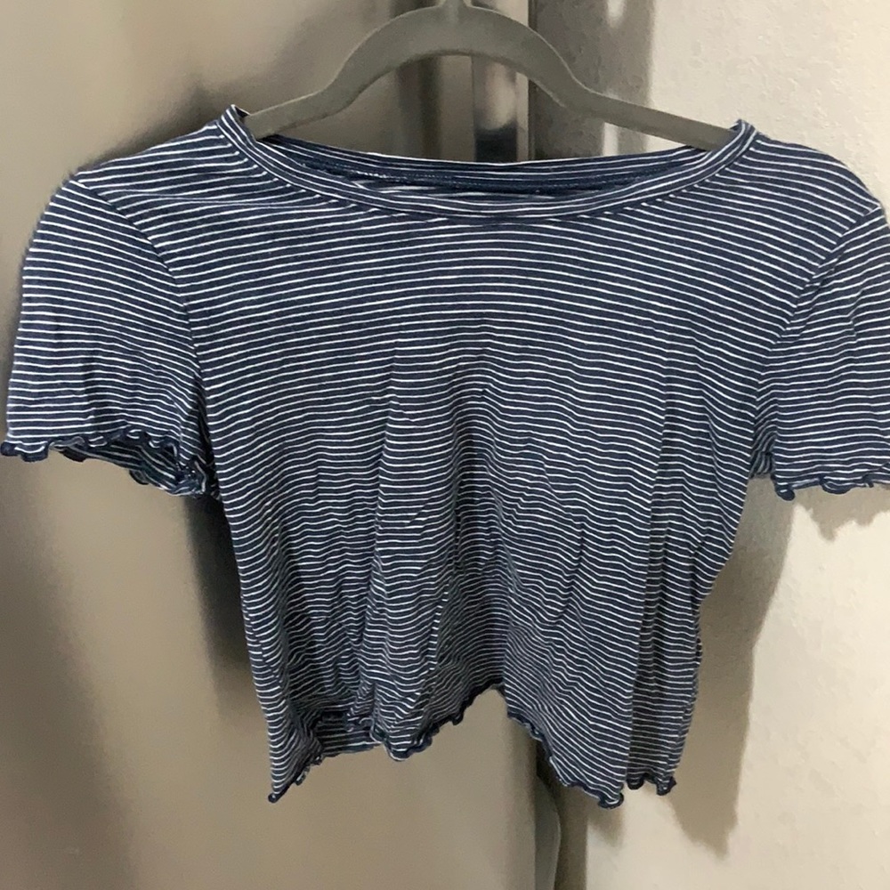 Blue and white striped shirt.